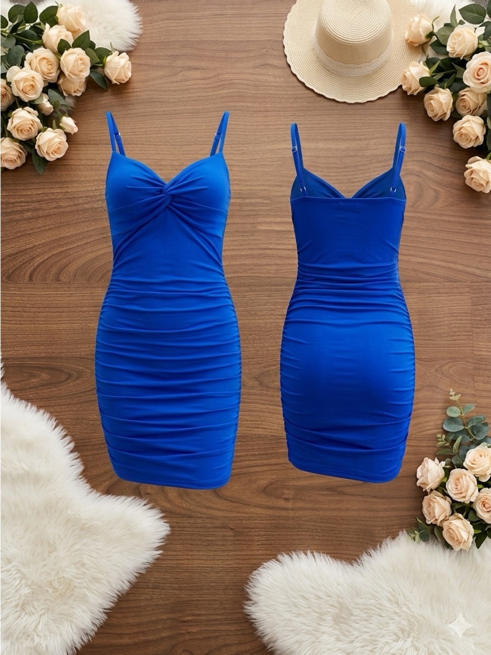SHEIN Cobalt Blue Ruched Spaghetti Strap Mini Dress